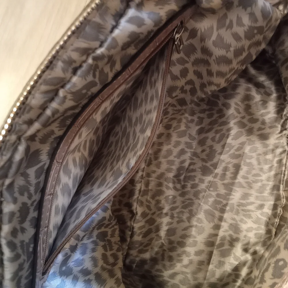 G By Guess Satchel Bag in cream, gray, and brown with a crocodile print